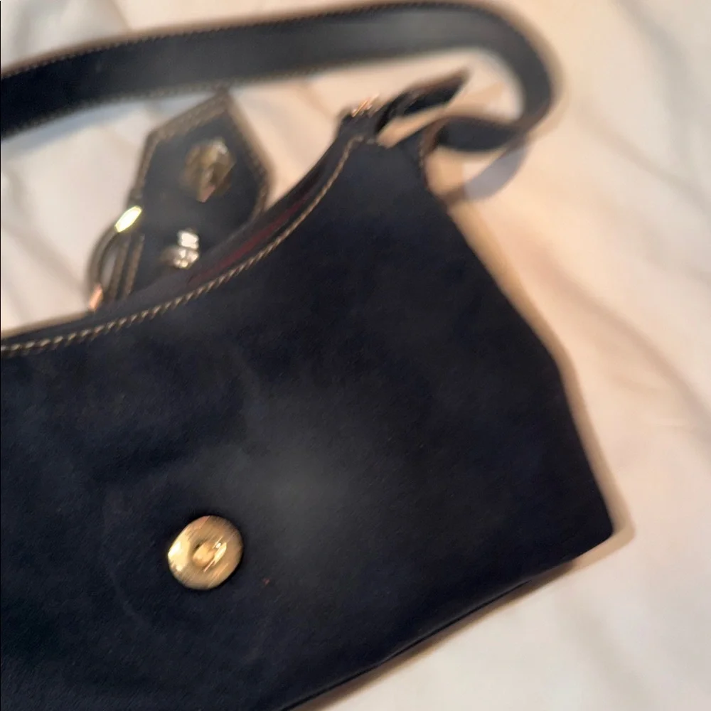 Black Suede Shoulder Bag with Buckle Accent